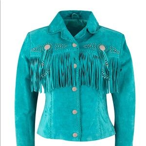 Scully Women’s Turquoise 100% Leather Fringe Conchos Buttons Boar Suede Jacket